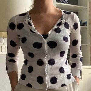 LOFT NAVY BLUE WHITE POLKA DOT CARDIGAN SWEATER